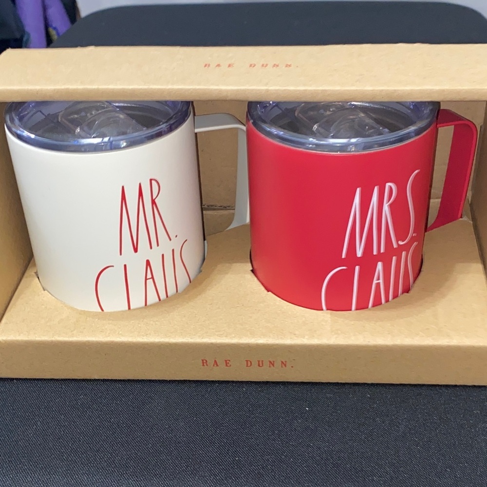 Rae Dunn Mr. and Mrs. Claus Red and White Stainless Steel 12 oz Mug Set. Festive